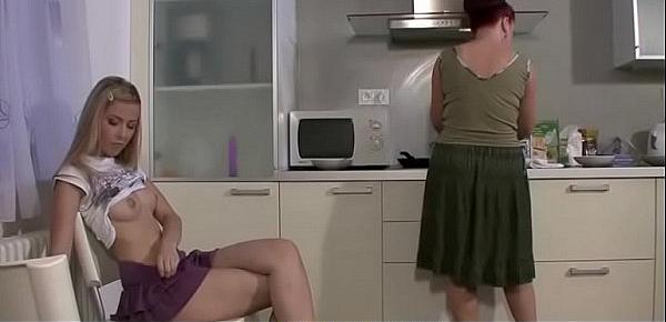  Blonde teen and mom go lesbian on kitchen